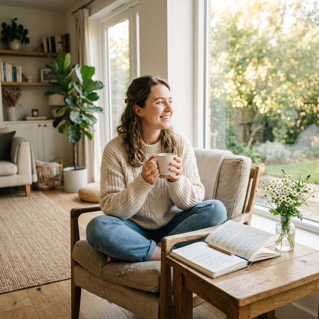 Pessoa em momento de reflexão com Bíblia aberta e luz suave ao fundo